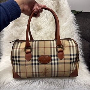 Authentic Burberrys Beige and Brown Plaid Satchel PVC and Leather Satchel Bag